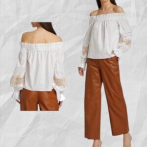RAMY BROOK Quinn Embroidered Off the Shoulder Stretch Cotton Blouse NWT Sz S